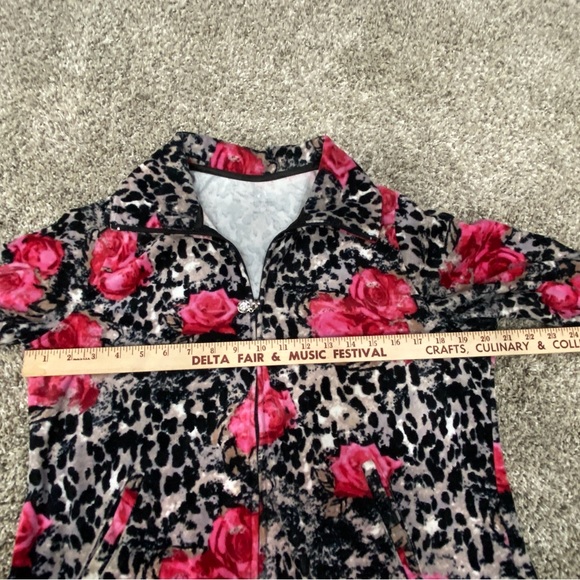 Petite Medium Ladies Warmup Velour Jacket Pink Roses Zipper Pockets Activology - Picture 8 of 10